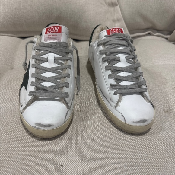 Golden Goose Shearling Sneakers in white leather with green suede star. EU45 - Picture 2 of 4